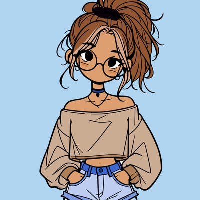 girl with a messy ponytail glasses a baggy crop top and jean shorts