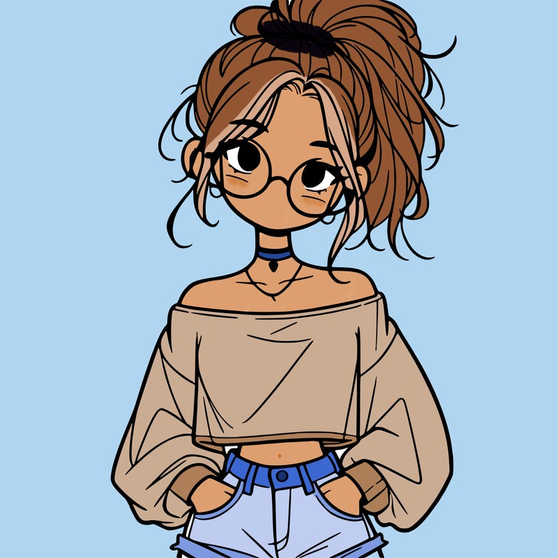 girl with a messy ponytail glasses a baggy crop top and jean shorts