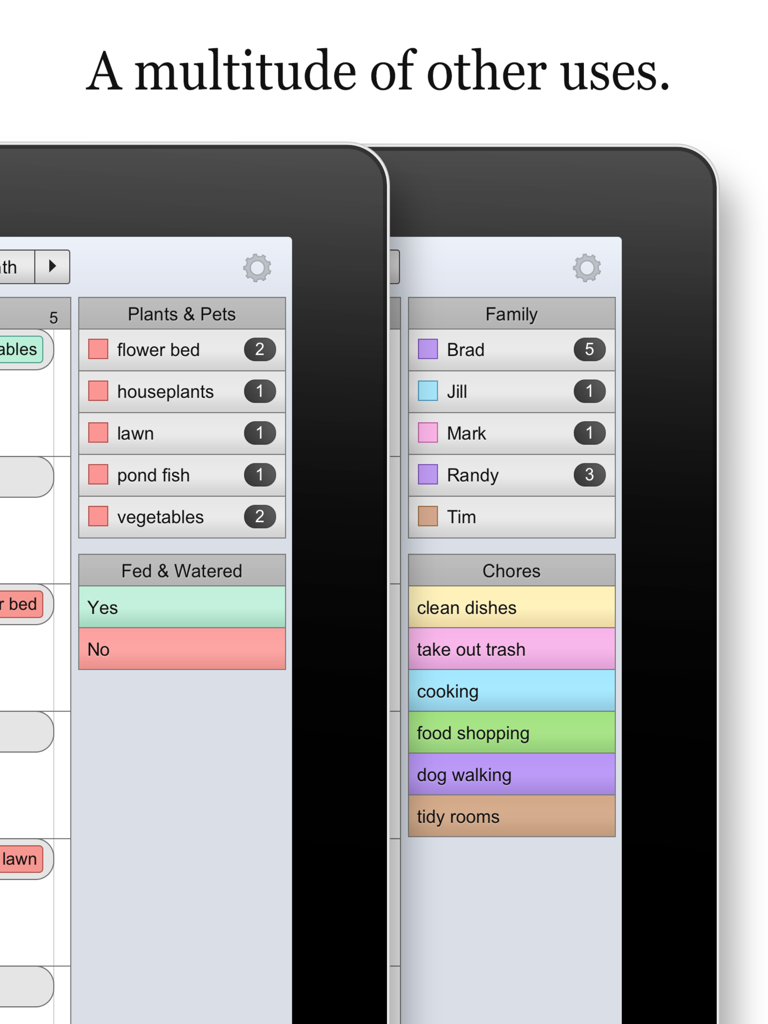 iPad screens displaying Shifty app used for family chores and pet care schedules