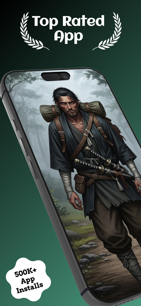 Lmarena AI Art Generator - Tela de smartphone exibindo um personagem samurai detalhado gerado por IA no aplicativo Lmarena com selos de prova social