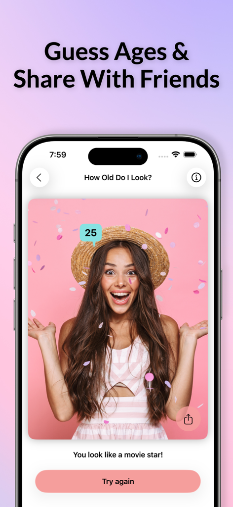 How Old Do I Look? AI Scanner - How Old Do I Look AI Scanner app interface showing a predicted age of 25 for a smiling woman