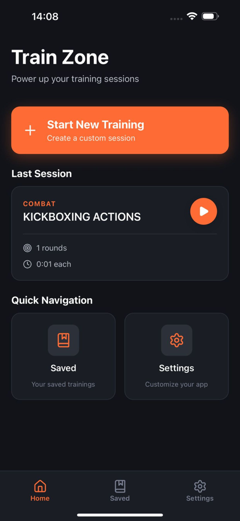 TrainZone - A interface inicial do aplicativo TrainZone com um botão para iniciar um novo treino e um resumo da última sessão de kickboxing.