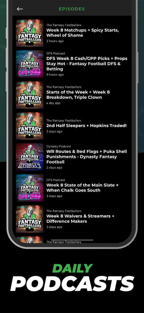 Fantasy Footballers - A list of daily podcast episodes in the Fantasy Footballers app featuring fantasy football strategy and NFL player news.