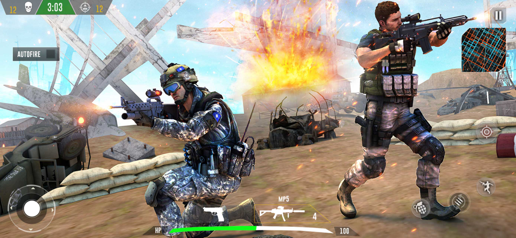 Soldaten in einem actionreichen Feuergefecht mit einer Explosion im Hintergrund aus FPS Battle Royale Gun Games.