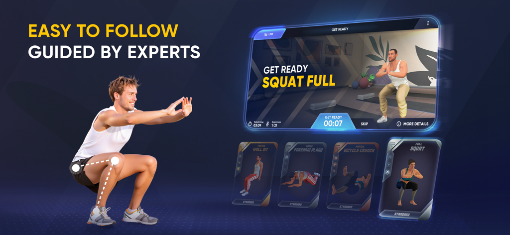 FitCraft －AI Fitness Coach - A man performing a squat alongside a 3D fitness coach interface showing interactive exercise cards