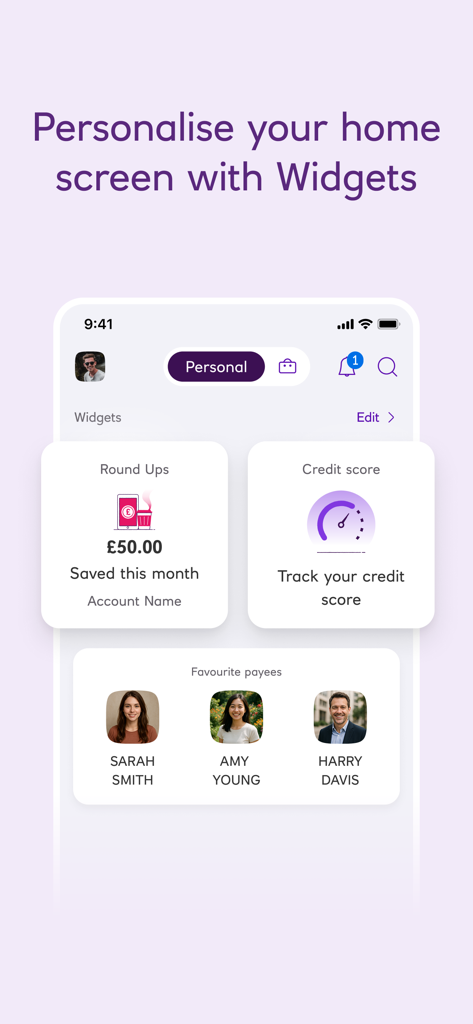 Ulster Bank NI Mobile Banking - Ulster Bank NI app home screen showing customizable widgets for savings round-ups, credit score tracking, and favorite payees