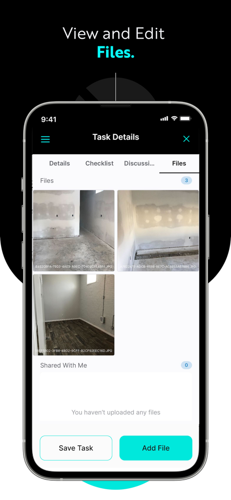 INGENIOUS.BUILD - INGENIOUS.BUILD mobile app interface displaying uploaded construction site photos within the files tab of a project task