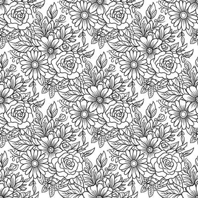 Immerse yourself in the captivating beauty of nature with this intricate flower tessellation coloring page. Discover a dense, repeating floral pattern featuring roses, daisies, and lush leaves, offering hours of relaxing artistic fun.