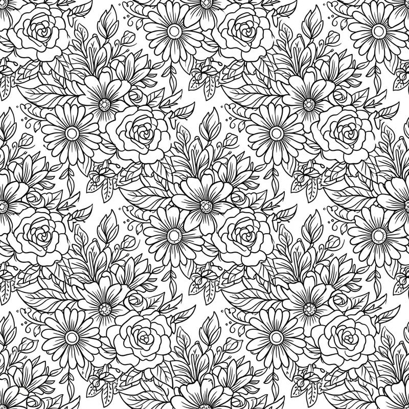 Immerse yourself in the captivating beauty of nature with this intricate flower tessellation coloring page. Discover a dense, repeating floral pattern featuring roses, daisies, and lush leaves, offering hours of relaxing artistic fun.