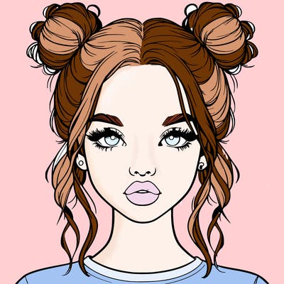realistic girl with two buns in hair and lips
