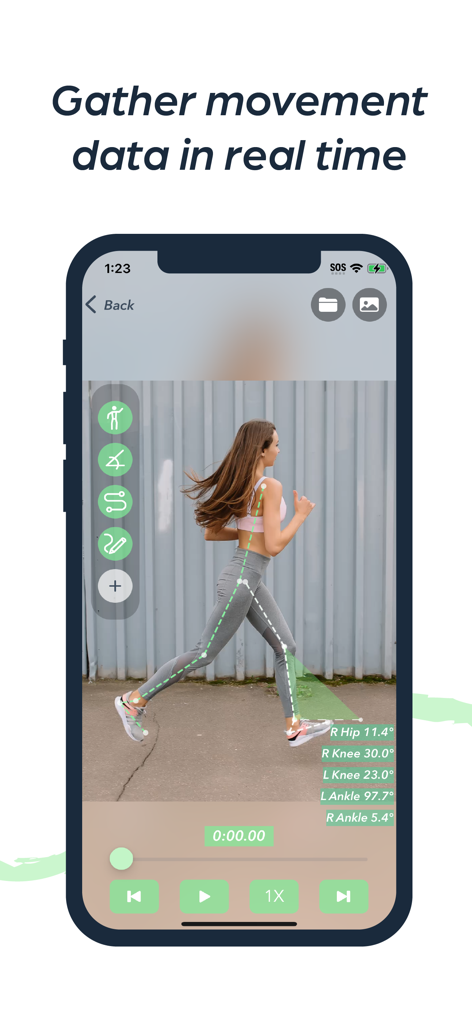 Yogger: Movement Analysis App - Yogger app interface showing real-time motion capture and joint angles of a runner