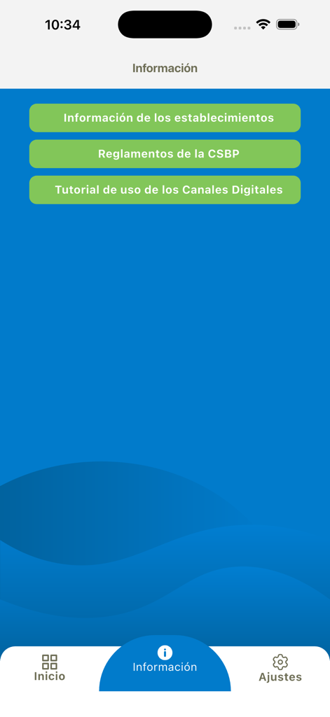 Information screen of the CSBP Movil app showing menu options for health centers and regulations