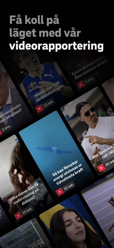 SVT Nyheter - SVT Nyheter app interface showing a grid of short news video clips with Swedish headlines.
