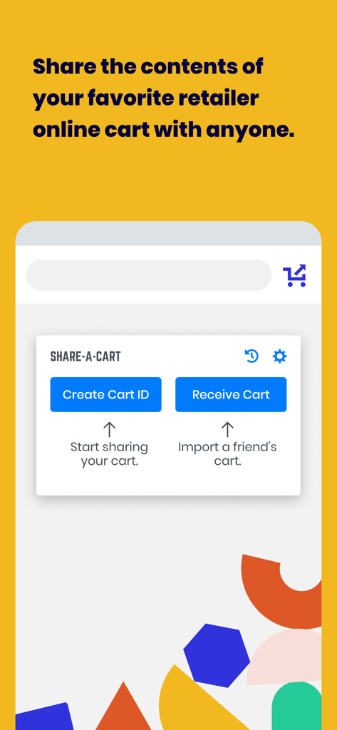Share-A-Cart - Mobile app interface of Share-A-Cart showing options to create a cart ID and receive a cart for easy online shopping sharing
