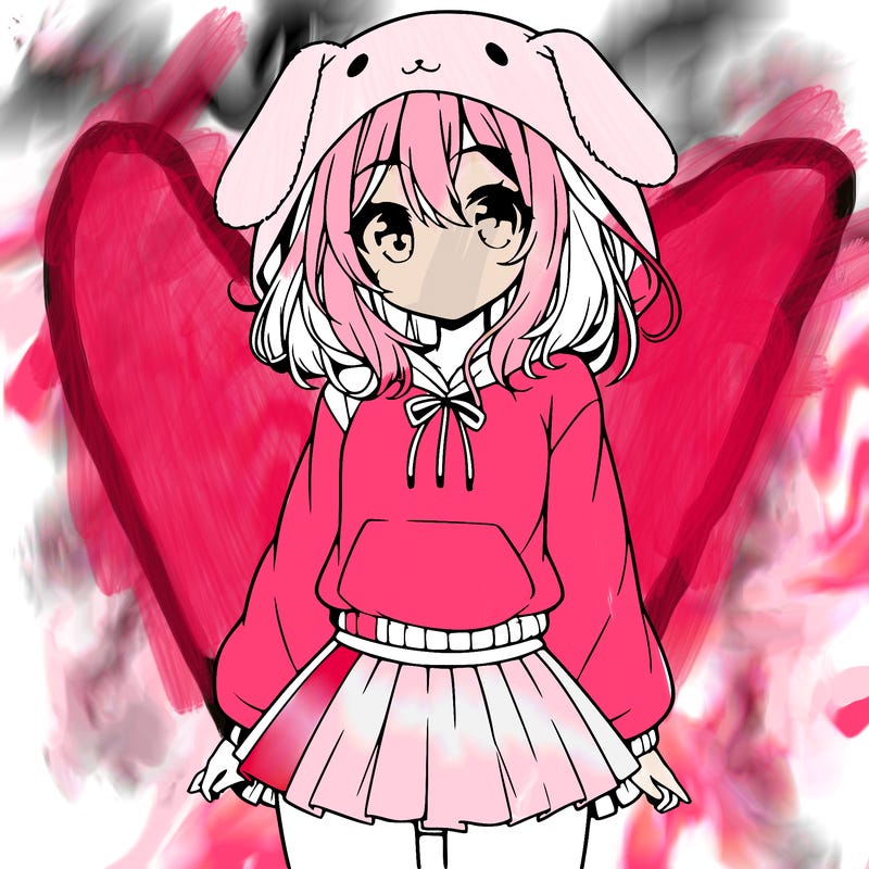 pretty anime girl wearing a fluffy hoodie with bunny ears on the hood and a skirt