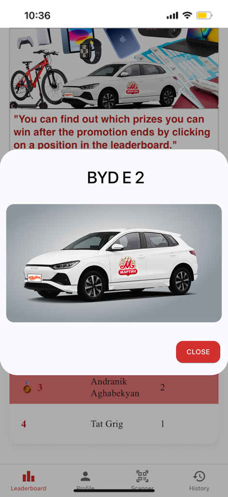 Martin App - Martin App interface showing a white car grand prize and leaderboard rankings