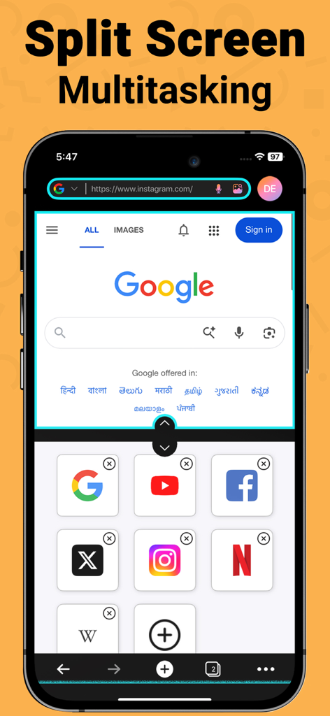 iPhone screen showing the split view multitasking feature with a web browser on top and website shortcuts on the bottom