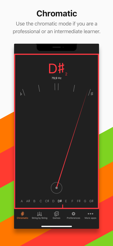 Cifra Club Tuner app displaying the chromatic tuner mode with a needle and frequency indicator