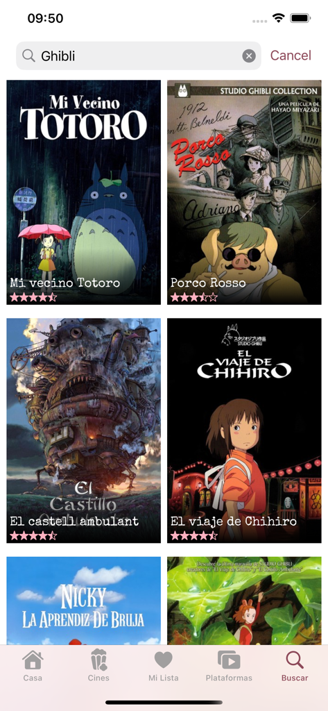 Pelis del Día - Resultados de búsqueda de películas de Ghibli en la aplicación Pelis del Dia mostrando pósters de Mi Vecino Totoro y El Viaje de Chihiro
