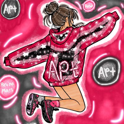 realistic girl jumping with a bun and oversized sweatshirt