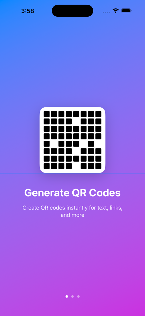 QR Maker: Code Reader, Scanner - QR Makerアプリ画面には、紫色のグラデーション背景のテキストとリンク用のQRコード生成機能が表示されています。