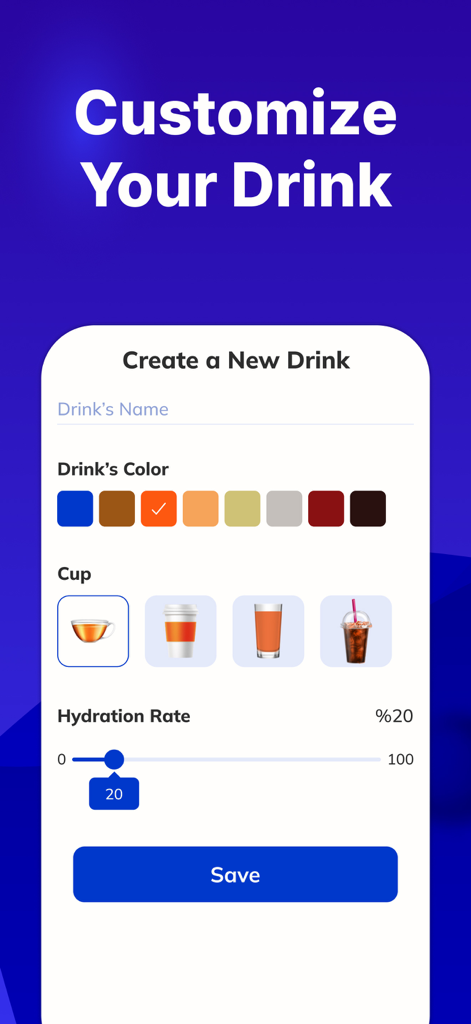 Water Tracker- Drink Water! - Interfaz para crear una bebida personalizada en la aplicación Water Tracker, incluida la selección de color y tipos de taza.