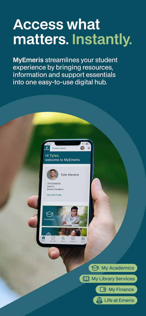 A hand holding a smartphone showing the MyEmeris student app home screen with personalized student information and academic links