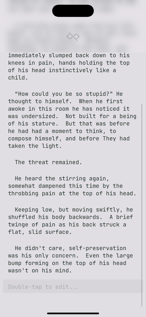 Jot Writer - Interfaz de escritura minimalista de Jot Writer que muestra un borrador de historia en una fuente monoespaciada