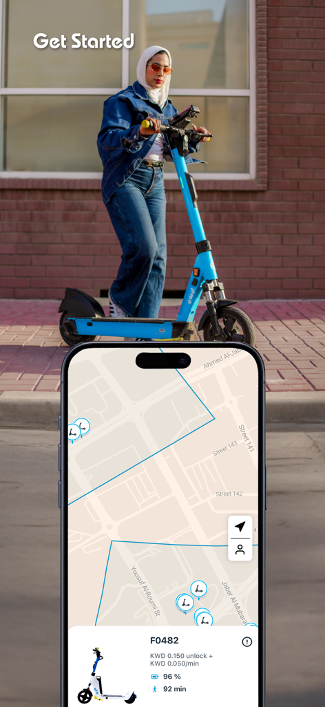 A woman riding an E-FLY electric scooter above a smartphone screen displaying the app map with scooter locations