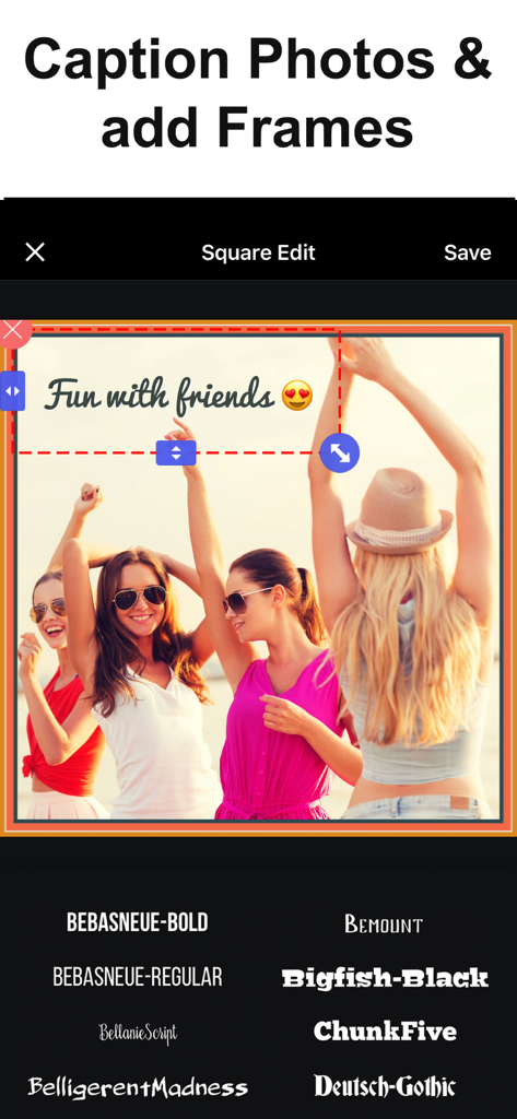 재미있는 친구들과 함께 다양한 글꼴 선택을 보여주는 사진과 함께 모바일 앱 인터페이스.