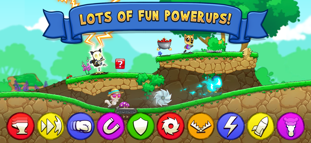 Animal characters racing in Fun Run 3 with colorful power up icons displayed at the bottom of the screen