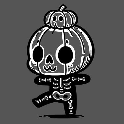 cute skeleton with a pumpkin on its head while dancing