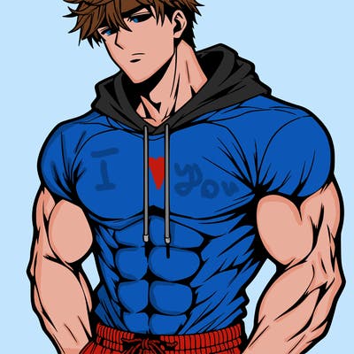 handsome muscular guy with hoodie anime