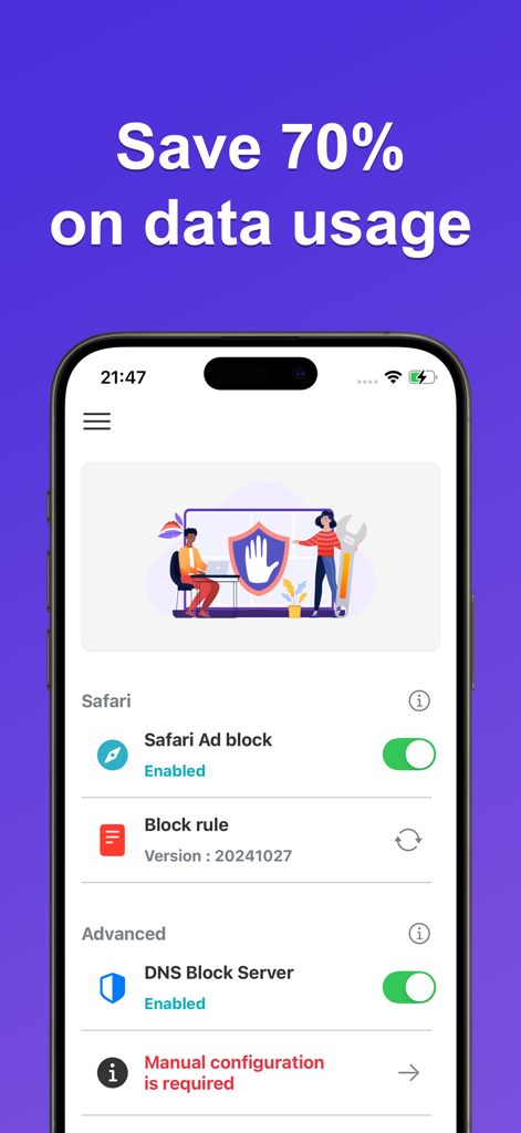 Ad Blocker Pro - Secure & Safe - Ad Blocker Pro mobile app interface highlighting Safari and DNS ad blocking features to save data.