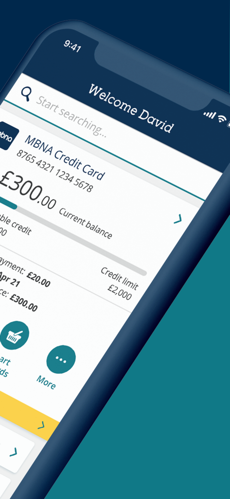MBNA Mobile App screen displaying credit card balance and limit summary
