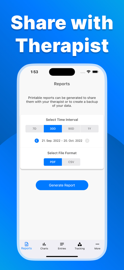 Eating Disorder Recovery - A mobile app interface showing the reports screen with options to generate PDF or CSV files for a therapist.