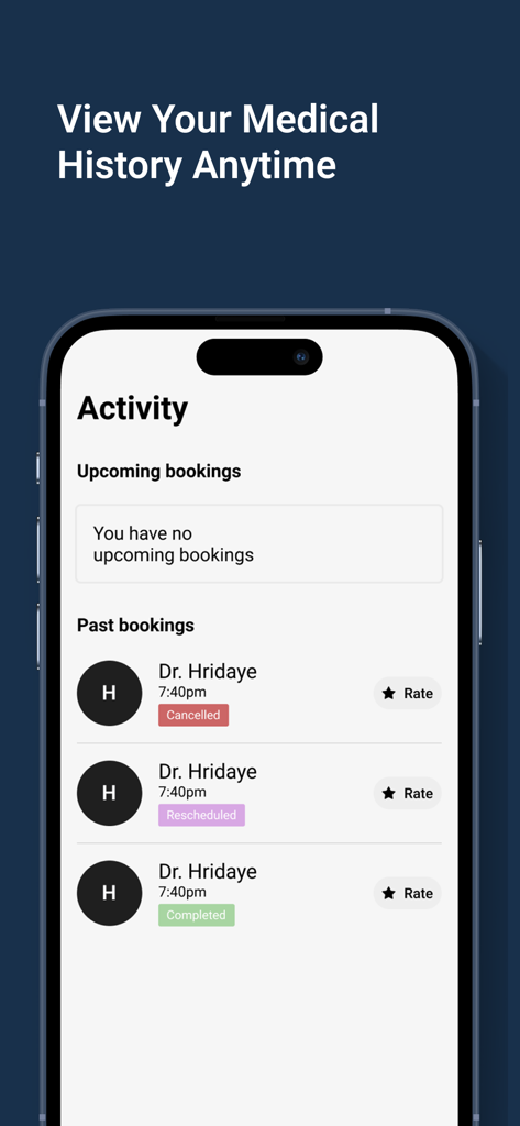 Medecin A Domicile (MAD) - Tela de atividade do aplicativo Medecin A Domicile mostrando consultas médicas anteriores a domicílio e histórico de agendamentos.