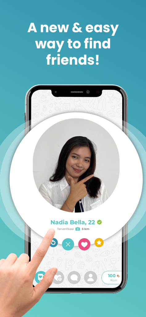 Kenalan.app - Kenalan app interface showing a verified user profile with swipe buttons