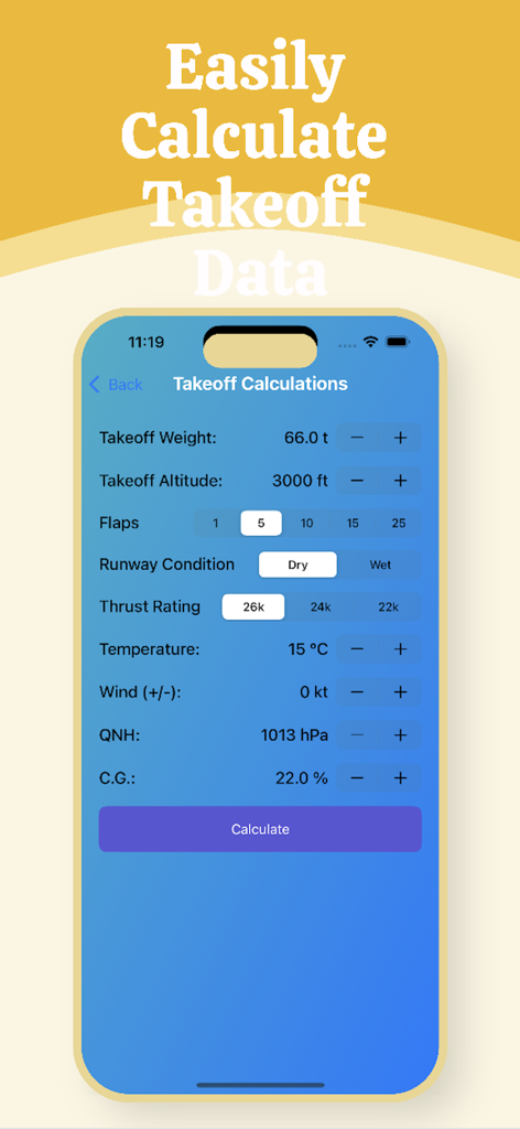 Takeoff performance calculation interface for the B737-800W showing parameters like weight altitude and flaps