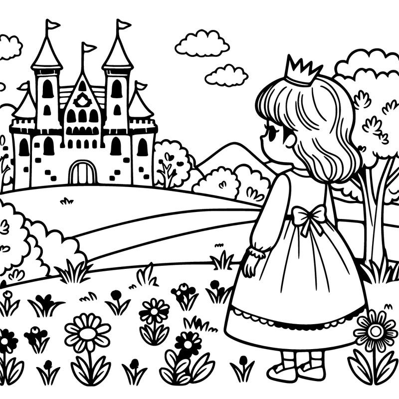 a girl in a meadow with a castle in front of her