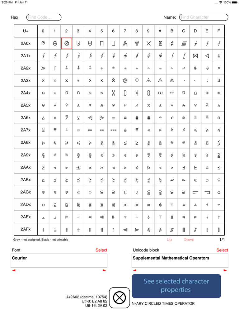 Captura de tela do aplicativo Visualizador de Fontes Unicode mostrando uma grade de símbolos matemáticos suplementares e detalhes de codificação de caracteres em um iPad