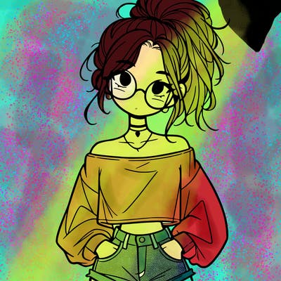 girl with a messy ponytail glasses a baggy crop top and jean shorts