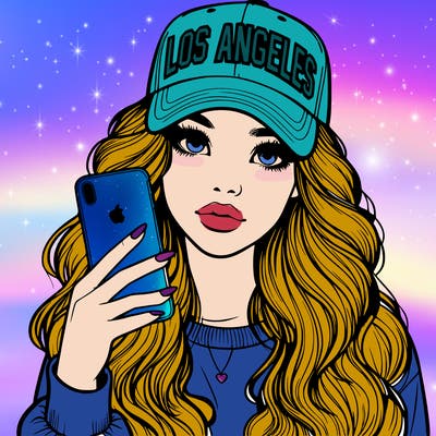 realistic beautiful girl wearing los ángeles cap holding an iphone