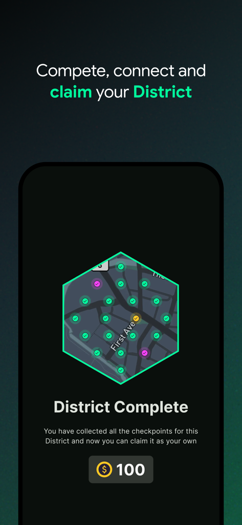 District: The Running Game - District Running Gameアプリの画面、完了した地区の地図、チェックポイント、100コインの報酬が表示されています