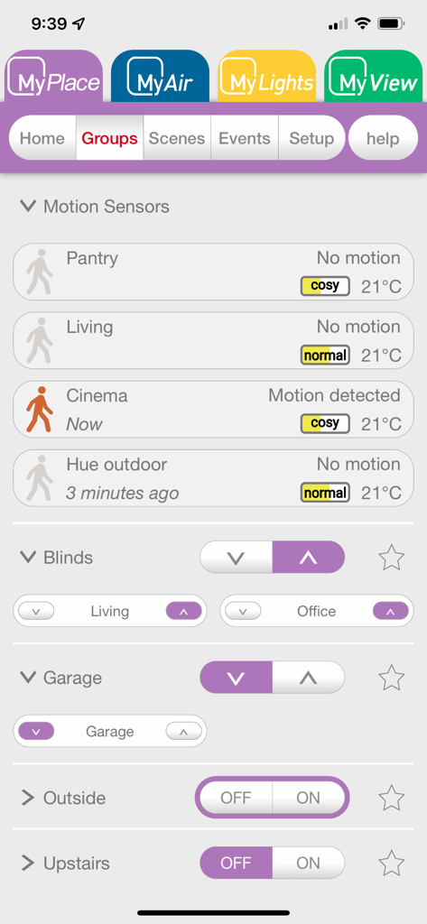 Interface of the MyPlace app showing groups for motion sensors, blinds, and garage door controls.