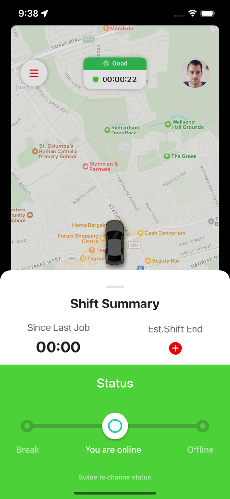 Ride.bm Driver - Interface of the Ride.bm Driver app showing the driver is online with a map and shift summary dashboard.