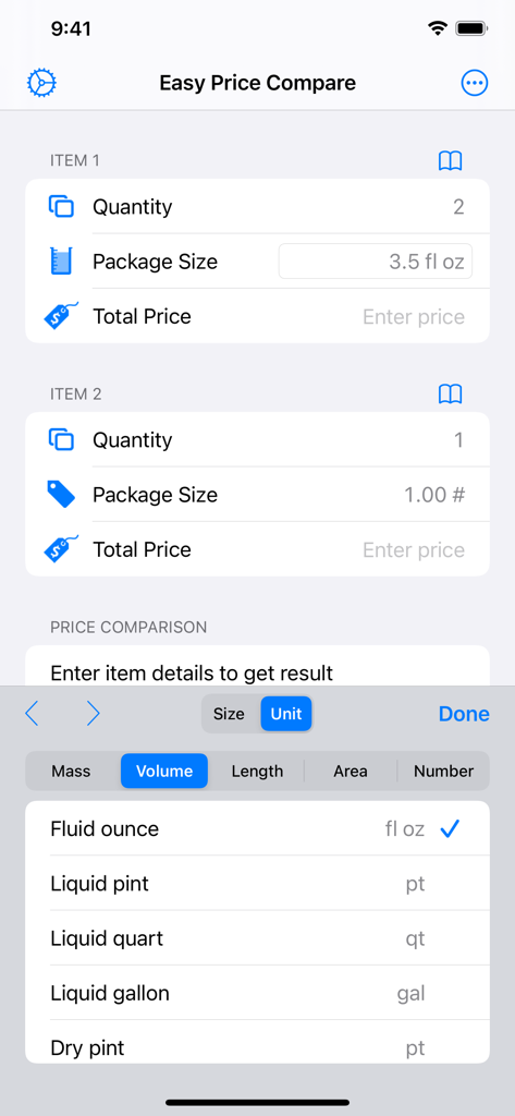 Easy Price Compare - Interface for selecting volume units like fluid ounces to compare item prices