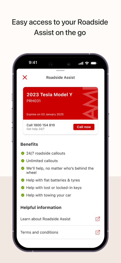 AAMI app interface showing roadside assistance benefits and emergency call button