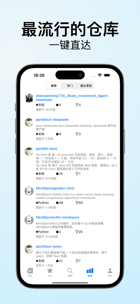 Giteer app interface displaying trending repositories on the Gitee platform