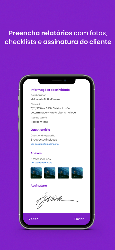 Mobile screen of the Auvo app showing a field service activity report with photo attachments and a digital customer signature